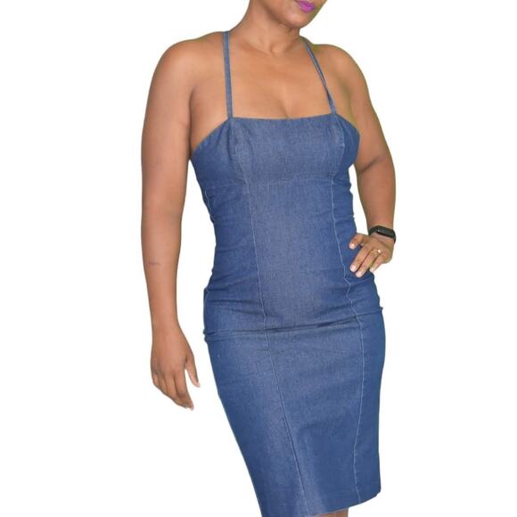 Vintage Guess Denim Dress Blue Jean Bodycon Pencil Halter Back Ties Size Small - Picture 11 of 15